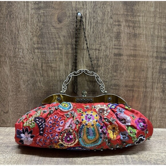 Y2K - Vintage red beaded embroidered purse with top handle and crossbody chain - Picture 4 of 14